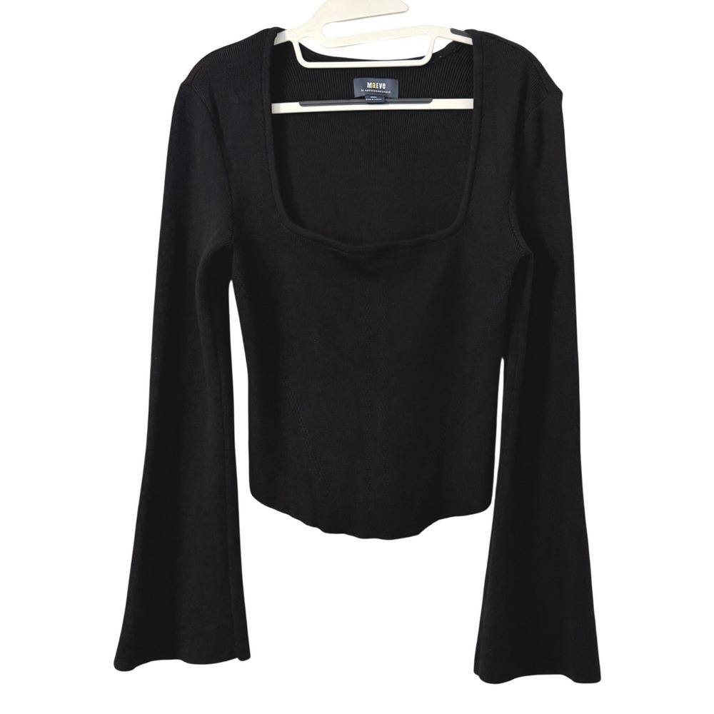 Maeve Anthropologie Black Ribbed Square Neck Bell Sleeve Sweater Top S Fairy